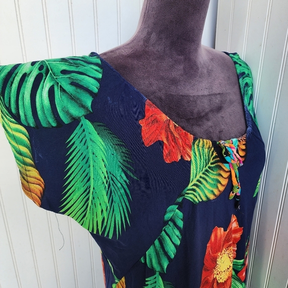 Vtg GG Hawaiian Shift Dress Floral Monstera Palm Print Tie Blue Green Red Sz L - Picture 4 of 10